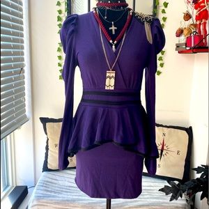 Peplum Cocktail Deep V Dress With Epaulet - Purple